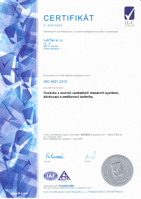 Certifikát ISO 9001 - CZ - 2026